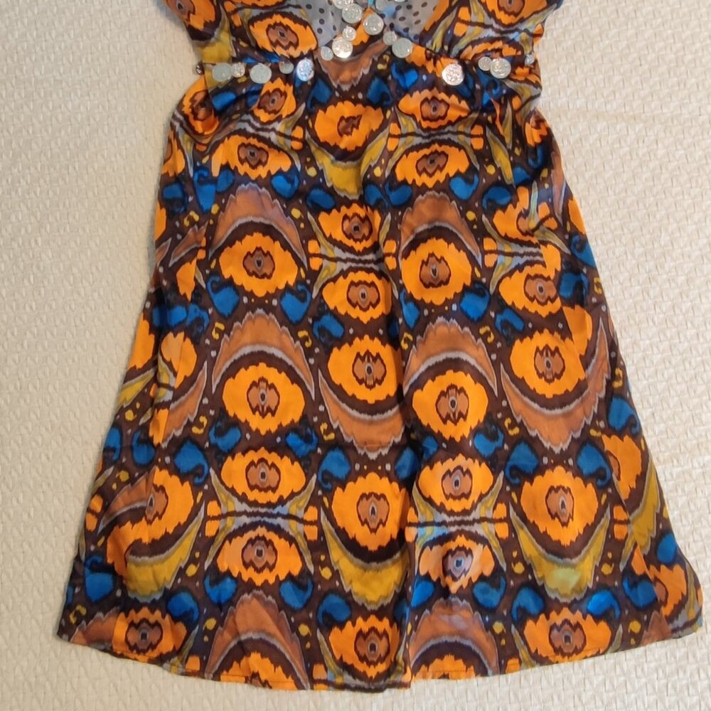 Plenty Tracy 100% Silk Geometric Coin Embellished Dress Size 4 Orange Gray Boho - Picture 3 of 6